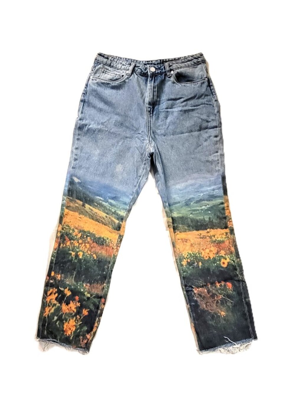 BLANKNYC The Madison Crop Jeans 29 Landscape Floral Print High Rise Raw Hem FLAW